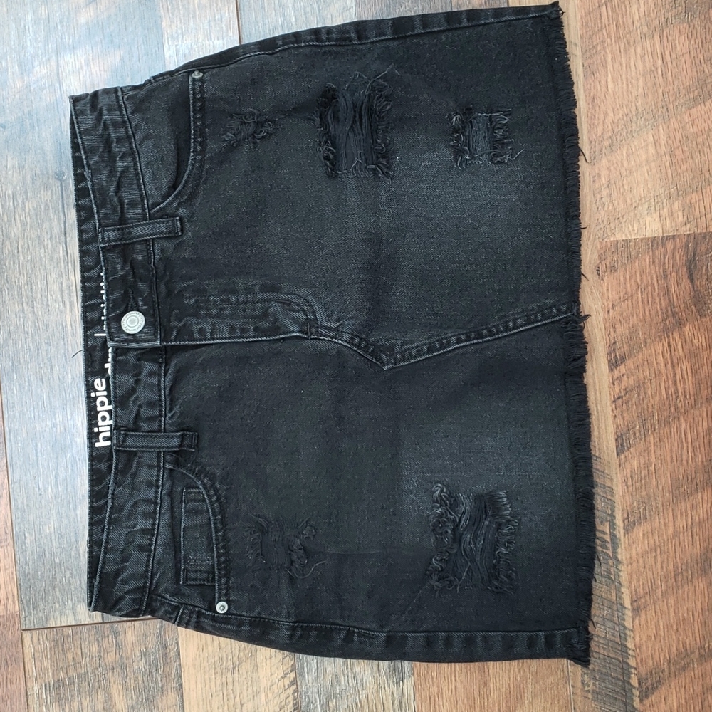 Hippie Laundry Distressed Black Denim Mini Skirt, Size 5